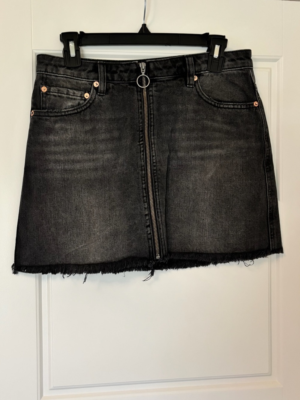 We The Free Black Washed Denim Mini Skirt with Front Ring Zip